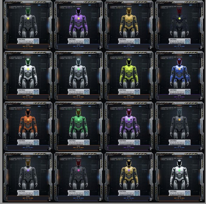 A grid of 16 futuristic robotic unit dossiers from "ADVANCED ROBOTIC UNIT DOSSIER" by "HUMAN FACTORY," each labeled "UNITREE" and showcasing a different colored humanoid robot (silver, purple, gold, red, green, gray, yellow, blue, orange, etc.) in a sci-fi style interface.

The image serves as the giveaway prize in a Twitter raffle collab with @StonkRobotics, promoting 15 NFT giveaways where participants must follow both accounts and like/retweet for a chance to win one of these unique robotic unit designs.