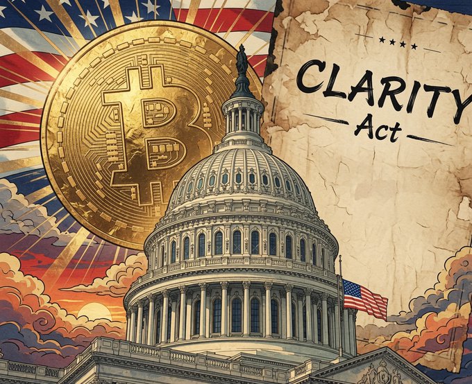 The image features an illustration of the U.S. Capitol building alongside a large Bitcoin coin and a parchment-style document labeled "CLARITY Act," set against an American flag backdrop with a sunset. It visually represents the post's discussion of cryptocurrency-related legislation, including the CLARITY Act, while emphasizing that Trump's administration has already advanced crypto momentum through executive actions and bills like the GENIUS Act, reducing the need for him to personally sign this specific legislation to benefit XRP.