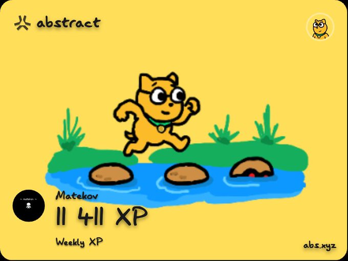A yellow digital card features a cartoon cat jumping across a stream, with text including 'abstract', 'Matokov', '11411 XP', and 'Weekly XP'.