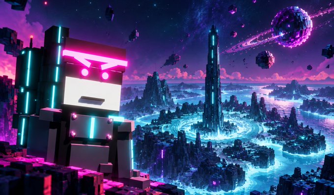 A vibrant, pixelated digital artwork depicting a futuristic cyberpunk cityscape at night, featuring a blocky robot figure with neon pink and cyan accents in the foreground, towering skyscrapers, floating debris, and a glowing ringed planet in the purple sky.