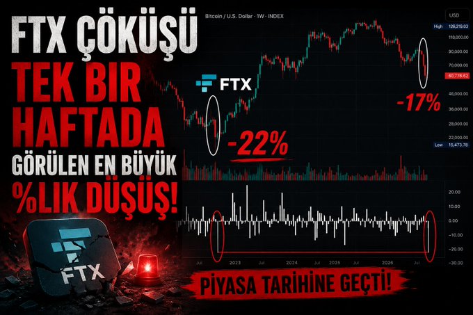 The image shows a close-up of a Bitcoin graph with a red line, along with a warning label stating "FTX'in battığı hafta düştüs", indicating that there is a potential financial risk associated with the Bitcoin investment and market trend depicted in the graphic. The text also explains that if you invest in Bitcoin at this time, you may lose some money as a result of the price dropping by more than 22%.