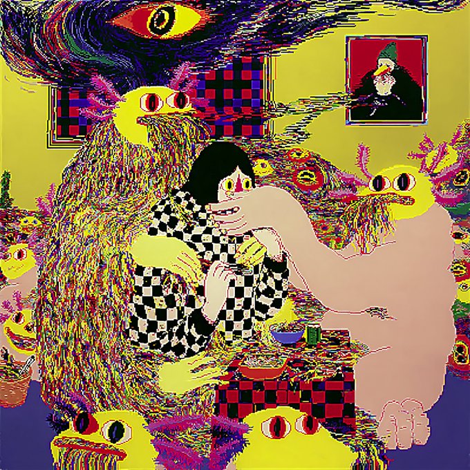 A vibrant, psychedelic digital artwork shows a figure in a black-and-white checkered shirt surrounded by shaggy yellow creatures with red eyes, with a framed portrait of a duck in a hat hanging on the green background.