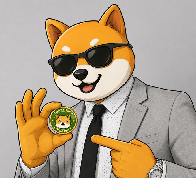 An anime-style cartoon Shiba Inu dog wearing sunglasses, a gray suit, and tie holds up a 'BABYDOGE COMMUNITY' coin.