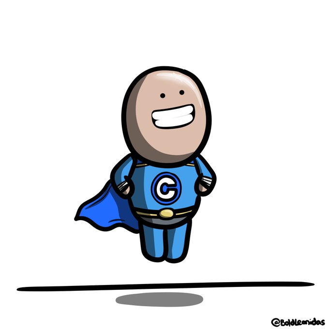 A cartoon superhero character with a bald head, big toothy grin, and blue costume with a 'G' logo on the chest, wearing a cape and hovering above a shadow line, signed '@Bololenidos'.