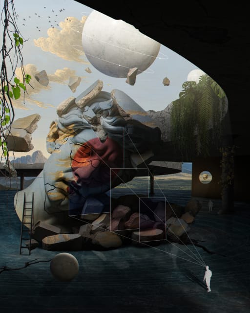 A surreal digital illustration depicts a small figure using geometric lines to reconstruct a crumbling classical sculpture of a human head, set against a surreal landscape with floating spheres and ruins.