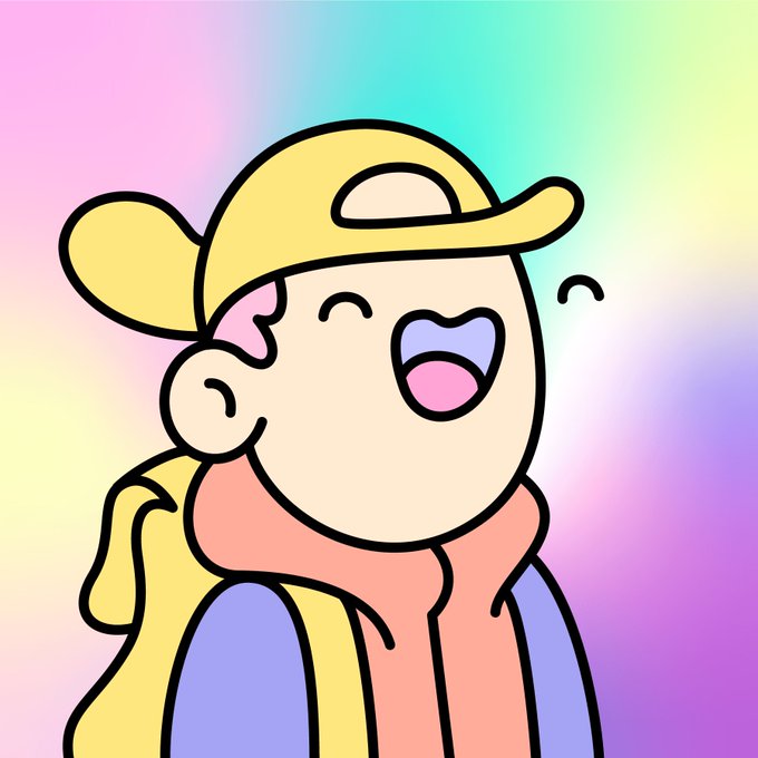 A cheerful cartoon character wearing a yellow cap and orange scarf, smiling with closed eyes against a pastel rainbow gradient background.