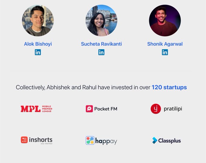 A team page showing three professionals — Alok Bishoyi, Sucheta Ravikanti, and Shonik Agarwal — with LinkedIn icons, noting that Abhishek and Rahul have invested in over 120 startups including MPL, Pocket FM, Pratilipi, Inshorts, Happay, and Classplus.
