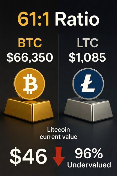 The image features two coins, Bitcoin represented by a gold coin next to a silver coin, with the words "Cryptocurrency" written above them. Below these coins are two text boxes discussing their current value and price. The first one reads "61:1 Ratio", while the second says "Current LTC is trading at a ~96% discount to its fair digital silver value". The focus of this image is clearly on Bitcoin, but it may be related to another coin or cryptocurrency as well.