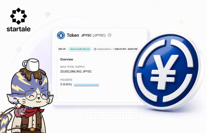 A promotional graphic for the Startale platform showing details for a token named JPYSC (JPYSC) with a max total supply of 20,052,086,962 and 2 holders, featuring a cartoon cat character and a large 3D token logo.