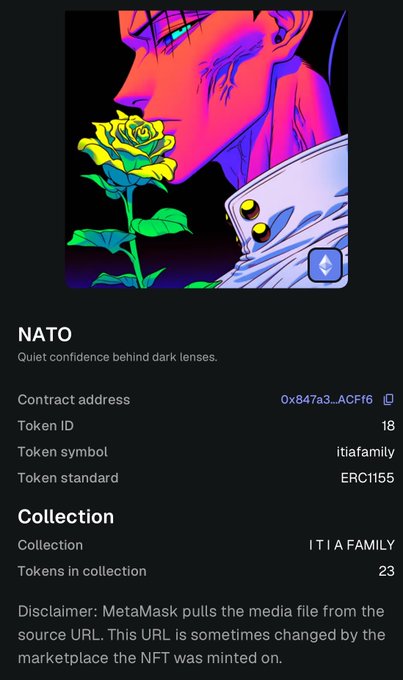 The image displays the NFT "NATO" (Token ID 18) from the ITIA FAMILY collection, featuring a vibrant anime-style portrait of a character with a glowing green-eyed, magenta-toned face beside a yellow rose. The MetaMask preview, tied to contract 0x847a3...ACF16 (ERC1155), visually introduces the first on-chain chapter of ITIA FAMILY's OpenSea story, blending bold neon artistry with the tagline "Quiet confidence behind dark lenses."