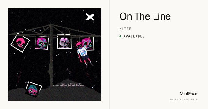 A digital art listing titled 'On The Line' by XLIFE, marked as 'AVAILABLE', showing artwork of hanging polaroid photos and figures against a starry background with location 'MintFace' at '39.64°S 176.85°E'.