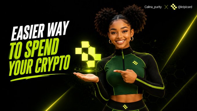 An advertisement features a smiling woman pointing at a glowing green cryptocurrency symbol, with the text 'EASIER WAY TO SPEND YOUR CRYPTO' and credits to @krpicard and Galina_purity.