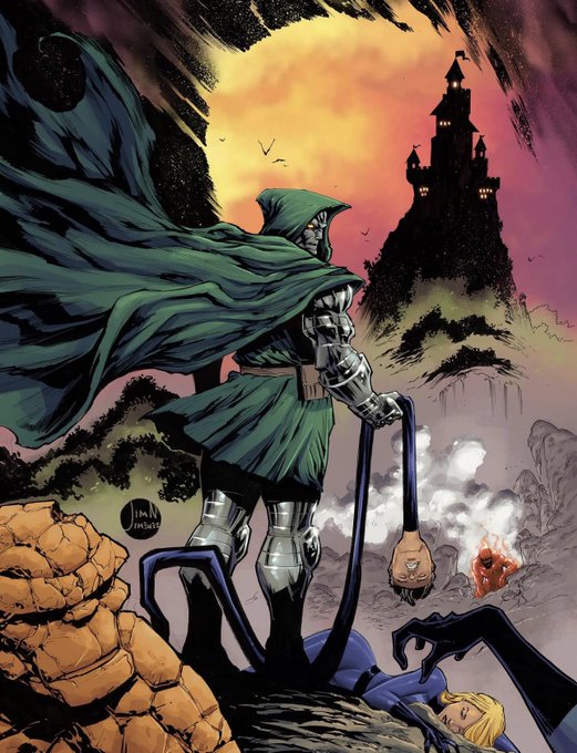 A comic book illustration of Doctor Doom standing on rocky terrain, his green cape billowing, with a spooky castle on a hill in the background.