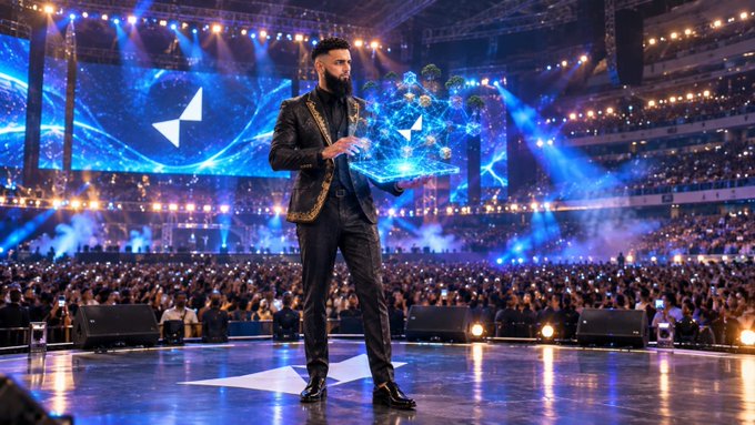 A man in a black and gold patterned suit stands on a stage with a star on the floor, holding a glowing blue holographic globe display, before a large audience in an arena with blue lighting.