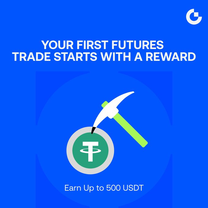A blue promotional graphic stating 'YOUR FIRST FUTURES TRADE STARTS WITH A REWARD' and 'Earn Up to 500 USDT', featuring a pickaxe and a Tether (USDT) logo.