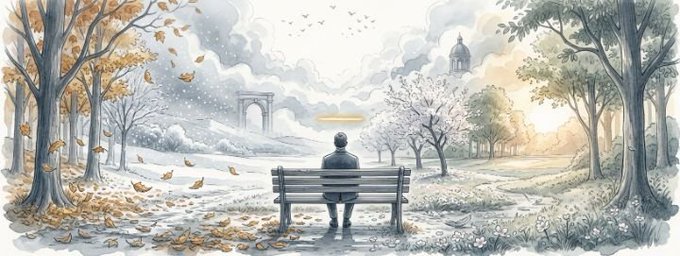 A delicate watercolor illustration of a person sitting alone on a bench, viewed from behind, surrounded by a transition between autumn leaves and a blossoming spring landscape.