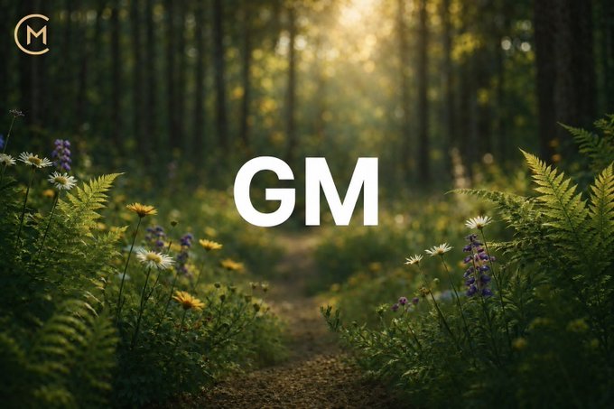 A serene forest path with wildflowers and ferns bathed in sunlight, overlaid with large white 'GM' text and a small 'M' logo in the top corner.
