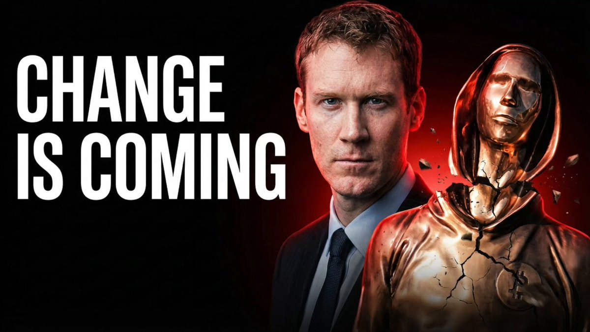 The image features a man wearing a suit standing next to a statue of a person with a hooded sweatshirt, both facing each other against a black background. The caption above them reads "Change Is Coming" followed by an explanation about eCash founder @truthcoin defending it.