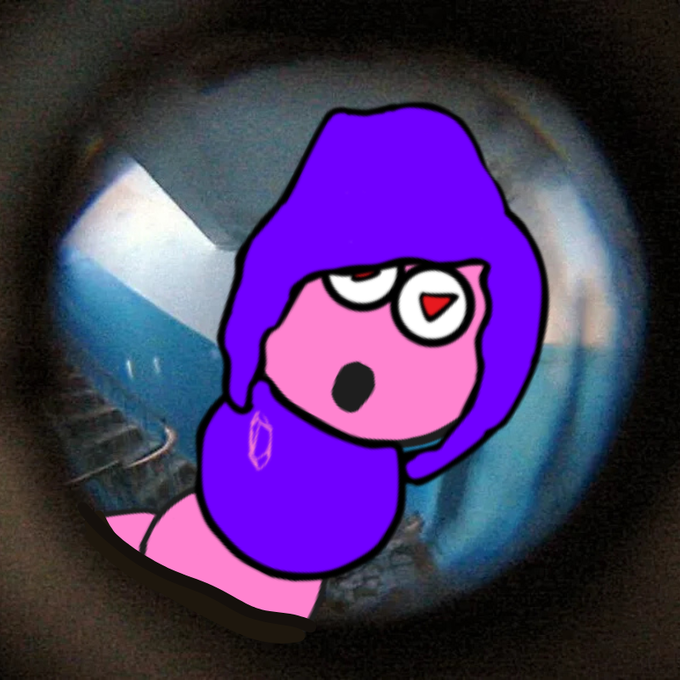 A cartoonish pink character with large eyes and a surprised expression wears a purple hooded outfit, depicted within a circular peephole-style frame.