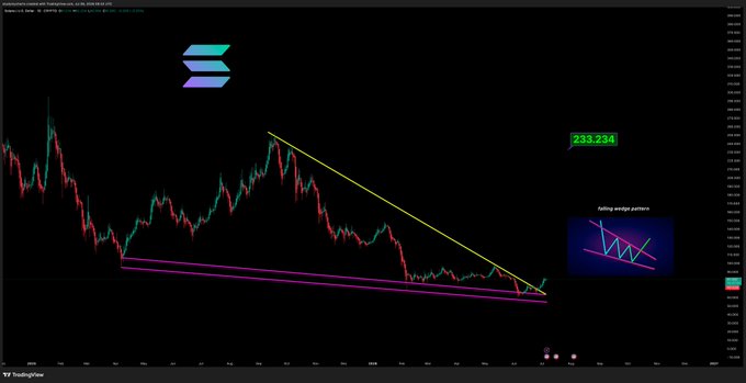 A TradingView candlestick chart of Solana (SOL) showing a price near $233.234, with a descending wedge pattern (yellow) and parallel support channel (magenta) drawn, alongside an inset diagram illustrating a "falling wedge pattern."