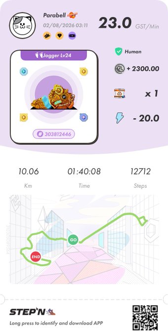 A STEPN fitness app screenshot showing a jogger named "Parabell" earning 23.0 GST/Min, with stats including 10.06 Km, 01:40:08 Time, and 12,712 Steps, plus a map of the jogging route.