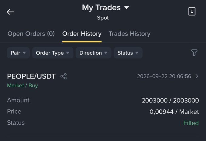 The image shows a Binance "My Trades" order history screen displaying a completed market buy of 2,003,000 PEOPLE/USDT at a price of $0.00944 on 2026-09-22, which corroborates the post's claim of purchasing the PEOPLE token at approximately $0.00945.