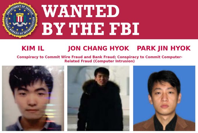 An FBI "WANTED" poster featuring Kim Il, Jon Chang Hyok, and Park Jin Hyok for Conspiracy to Commit Wire Fraud and Bank Fraud and Conspiracy to Commit Computer-Related Fraud, identifying them as alleged members of the Lazarus Group, the North Korean hacking collective blamed in the post for stealing over $3.6 billion across major crypto heists including Bybit ($1.5B), Ronin Bridge ($625M), and others.