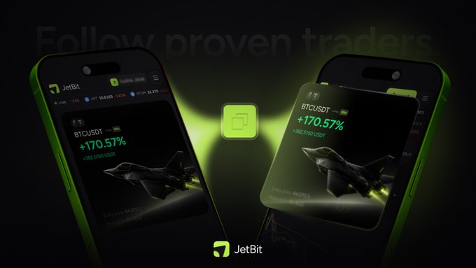 The image is a promotional graphic for JetBit's new Copy Trading feature, showing two smartphones displaying the JetBit app with BTCUSDT trading statistics highlighted in green (+170.57%), accompanied by a fighter jet graphic and the text "Follow proven traders" at the top. The visual emphasizes the platform's ability to mirror successful traders' moves, aligning with the post's message about automatically copying trades from proven performers.