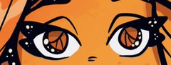 This close-up illustration features a stylized character with large, expressive orange eyes and dark eyelashes, relating directly to the caption "QT your eyes @MetaVixensNFT."