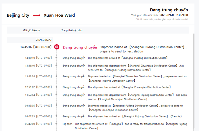 A shipment tracking page in Vietnamese showing a package in transit from Beijing City to Xuan Hoa Ward, with 'Đang trung chuyển' (In transit) status.