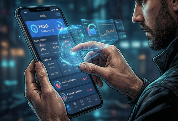 The image shows a man holding a phone displaying stock information, with a green background suggesting technology or finance-related content. The text in the caption focuses on equity tokenization as an alternative way of owning stocks without requiring traditional financial institutions. This concept is depicted through a futuristic style illustration, using a smartphone to represent the stock market and emphasizing its potential for simplicity and accessibility.