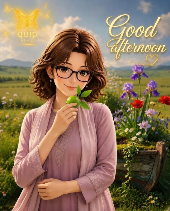 The image shows an illustrated young woman with brown curly hair and glasses, wearing a soft lavender dress, holding a small green plant beside a wooden cart filled with vibrant flowers in a sunny meadow, with the text "Good afternoon" and "quip network" displayed prominently.

The serene, hopeful image of growth and nature pairs with the post's theme of preparing for the future, visually reinforcing the idea that quiet cultivation today—much like tending a garden—leads to tomorrow's bloom, mirroring how @quipnetwork is nurturing quantum innovation.