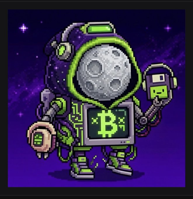 A pixel-art astronaut with a Bitcoin logo on its screen-like body, holding a USB drive and floating in a purple space-themed background.