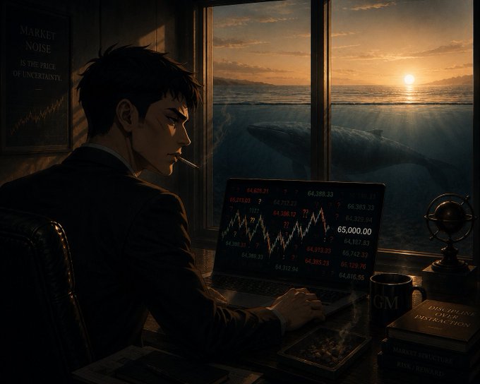 An anime-style illustration of a man smoking a cigarette while looking at a laptop displaying stock market charts, sitting by a window with an ocean sunset view and a whale visible outside; a poster reads "MARKET NOISE: IS THE PRICE OF UNCERTAINTY."