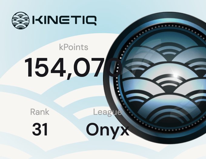 A Kinetiq app screen displaying user statistics: 154,070 kPoints, Rank 31, and League 'Onyx' alongside a decorative blue patterned medallion.