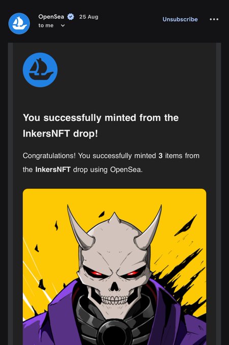 An email notification from OpenSea dated 25 Aug stating 'You successfully minted from the InkersNFT drop!' and 'Congratulations! You successfully minted 3 items from the InkersNFT drop using OpenSea.', featuring an illustration of a white skull-faced demon with red eyes in a purple hoodie against a yellow background.
