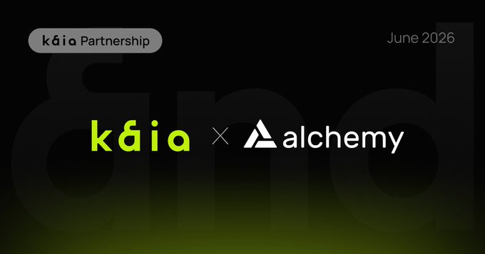 The image features a logo that reads "Kaia x Alchemy" with a green background and white text. The text also includes the names of the companies involved, Kaia and Alchemy. The caption below the logo states that both companies are members of the @KaiaChain Governance Council, which is an organization focused on governance for the cryptocurrency industry. The image also mentions that the two companies are working together to power infrastructure for Visa and Stripe, as well as driving the technical roadmap forward in the world of @Alchemy.