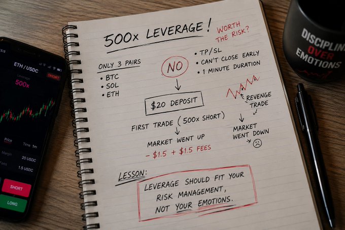 A spiral notebook displays a hand-drawn analysis titled "500X LEVERAGE! WORTH THE RISK?" detailing a trader's experience with a $20 deposit on BTC, SOL, and ETH pairs, noting a $1.5 loss plus fees when the market went up against a 500x short position. The diagram concludes with the lesson: "Leverage should fit your risk management, not your emotions," visually complementing the post's reflection on the dangers of high-leverage trading on the Rekt app.