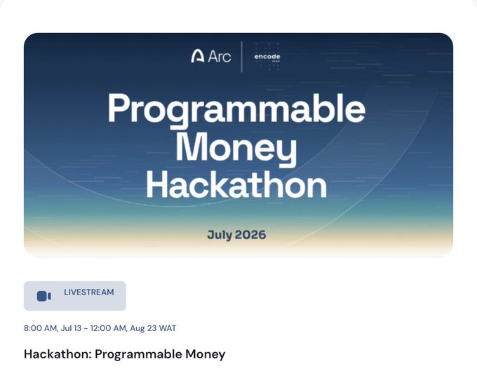 A promotional graphic for a 'Programmable Money Hackathon' hosted by Arc and encode, scheduled for July 2026, featuring a livestream event from 8:00 AM, Jul 13 to 12:00 AM, Aug 23 WAT.