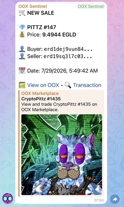 A Telegram notification from OOX Sentinel announces a new sale of CryptoPittz #1435 for 9.4944 EGLD between buyer "erd1dej9vun84..." and seller "erd19sq3l7c03..." at 5:49 AM on 7/29/2026, featuring artwork of a stylized, gem-adorned canine character on a green graffiti background. The image directly corresponds to the accompanying post celebrating the diamond-tier Pittz sale on the OOX marketplace.
