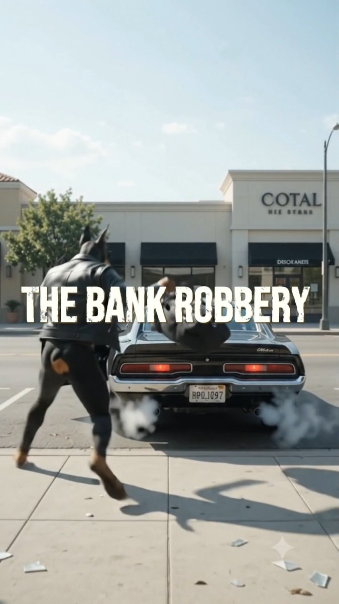 An AI-generated or edited image titled 'THE BANK ROBBERY' showing a person in a black mask chasing another individual carrying a duffel bag toward a getaway car (license plate RPO 1097) outside a building labeled 'COTAL'.