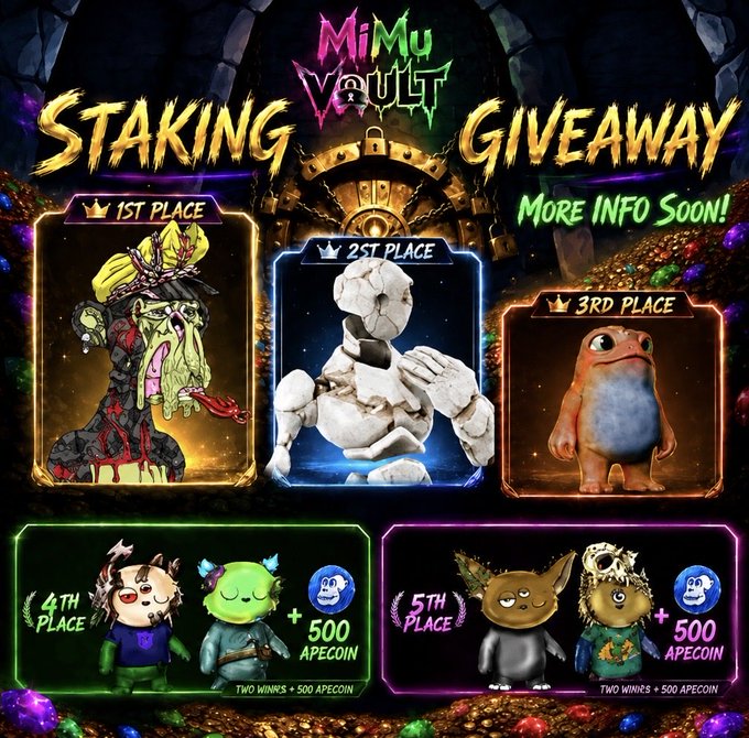 The image features a poster for an online gaming event called "Staking Vault" that has been updated with new rewards, prizes, and gameplay information. The poster displays five different characters from various games, including a character named Arsham who is a warrior from the game Gimboz. Each character has its own unique design and color scheme. 

The post also includes an update on the prize pool for the Staking Vault competition, with new rewards being added to the list of prizes available. The post mentions that there are two MiMUs (Multiple In-game Users) who have won a total of 500 points each in the competition so far. Additionally, it highlights that the Vault is getting hotter by the day and that the prize lineups are ready for the next round of gameplay.
