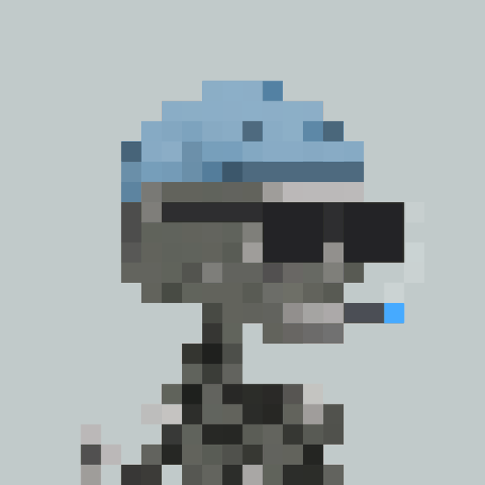 A low-resolution pixel art profile picture showing a person wearing a blue cap, sunglasses, and a black mask.