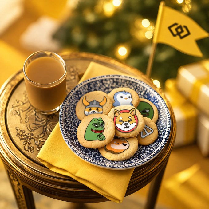 A blue and white patterned plate holds decorated sugar cookies featuring characters like Shiba Inu and Pepe, placed on a yellow napkin beside a glass of milk, with a Christmas tree and gifts in the background.