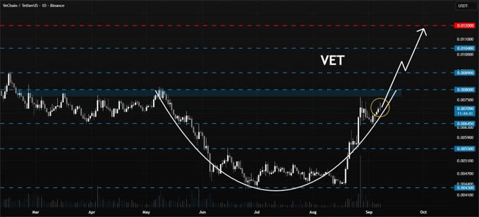A cryptocurrency price chart showing 'VeChain / TetherUS - 1D - Binance' with the ticker 'VET', displaying a cup-and-handle pattern and an upward arrow indicating a projected breakout.