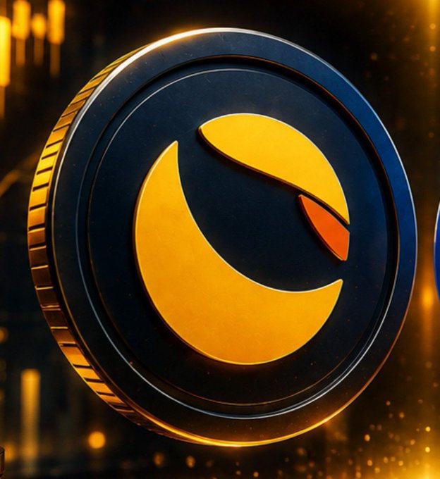 A stylized golden and black coin featuring a crescent emblem floats against a warm, glowing background, symbolizing Terra Luna Classic ($LUNC) and representing the cryptocurrency flagged as "not tradable" on Coinbase in the reminder.