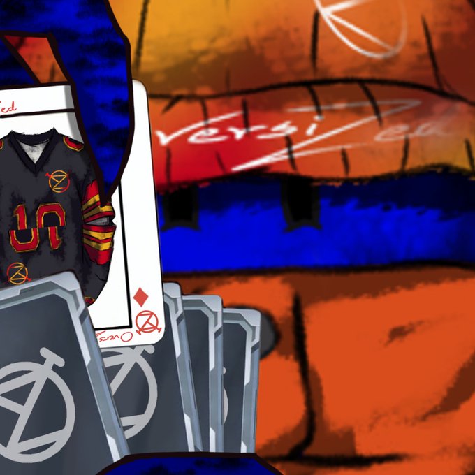 An abstract digital artwork featuring a stylized sports jersey graphic with crossed-out symbols, playing cards, and a red and orange color palette with a character labeled 'KEYSI'.