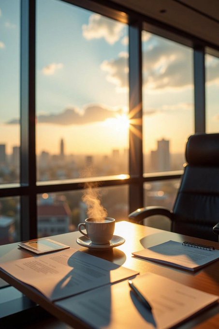 A serene office scene featuring a steaming cup of coffee on a desk with papers, set against a large window overlooking a city skyline at sunset.