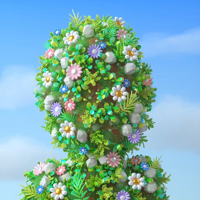 The image features a unique, hand-painted bush with colorful flowers that are attached to its head. The bush appears to be made of stone or clay and stands out against the blue sky backdrop filled with white clouds. In the corner of the image, there is text that reads "this good vibes 1/1 sold for $29k some cool grails moving recently". This suggests that someone has recently created a similar art piece featuring this unique plant-like object as part of their collection or to sell online. The post showcases an artistic and creative expression, capturing the attention and interest of potential buyers who are drawn to its unique design and vibrant colors.