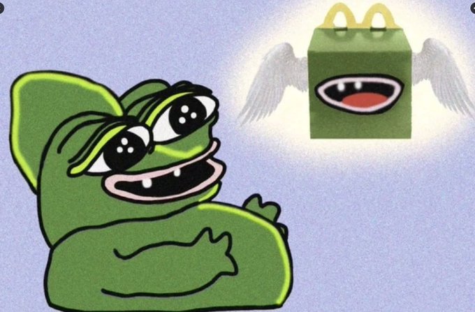 Illustration of a green Pepe-like cartoon character with sunglasses looking longingly at an angelic Happy Meal box with a smiling face and white wings.